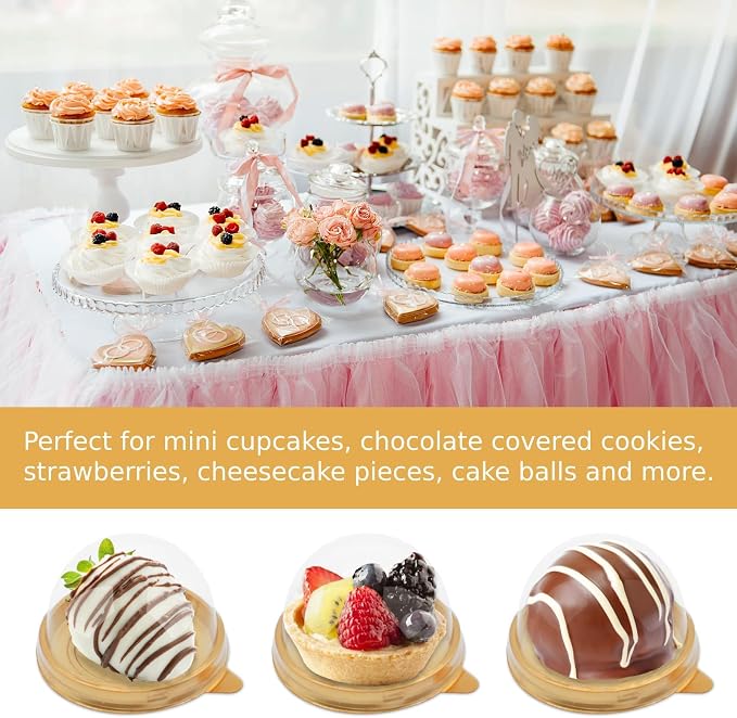 Zezzxu 100 Pack Mini Cake Containers, Clear Plastic Small Cupcake Boxes with Dome Lids for Individual Chocolate Covered Cookies, Strawberry, Mooncake (Gold)
