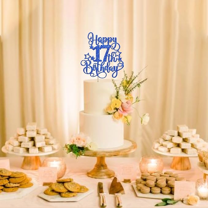 1 PCS Happy 17th Birthday Cake Topper Glitter Cheers to 17 Years Birthday Cake Pick Hello 17 Fabulous Cake Decoration for Happy 17th Birthday Anniversary Party Decorations Supplies Blue