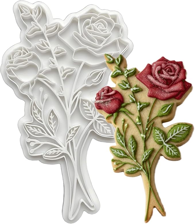 Birth Flower Cookie Cutter June Rose 3D Embosser Stamp with Detailed Petal Texture - Birth Month Flower Fondant Biscuit Baking Tools - Personalized Birthday Mom Gift Party Decorating 3.5"