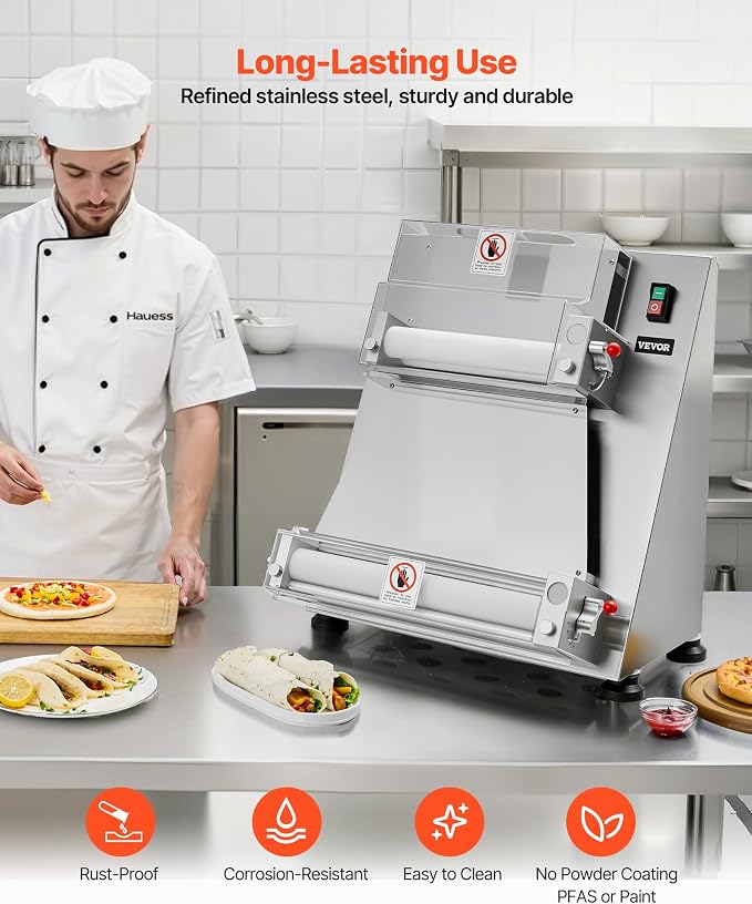 VEVOR Pizza Dough Roller Sheeter, 3-16 Inch Semi-automatic Stainless Steel Pizza Press, Commercial Electric 390W Pasta Maker Machine, 260 pcs Per Hour, Adjustable Thickness, with Dough Press Lid