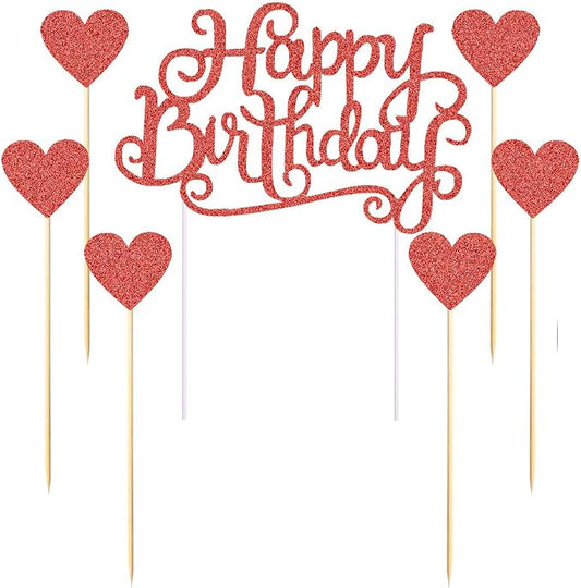 PALASASA Happy Birthday Cake Toppers Gold glitter letters"happy birthday"and love star,Party decor Decorations,Set of 7 (Red)