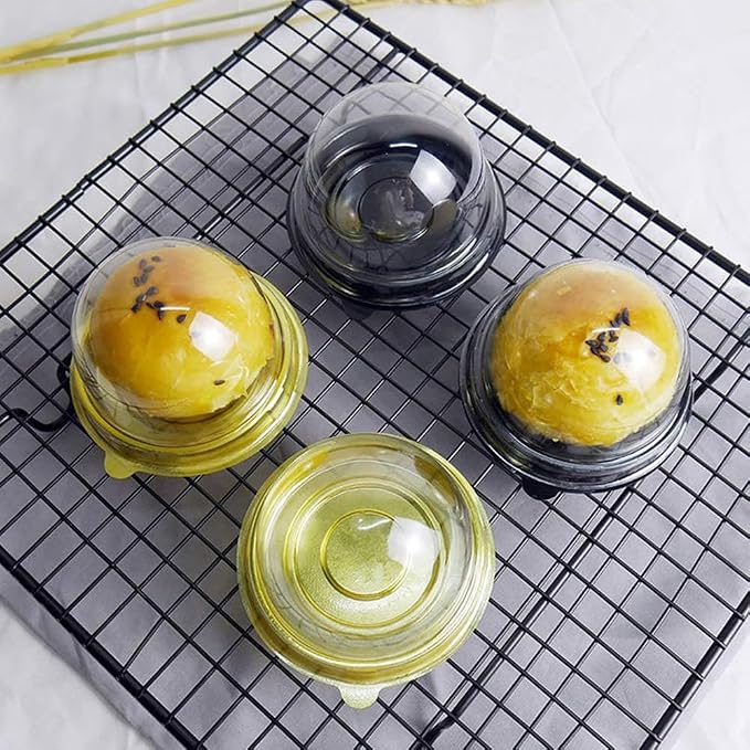 Clear Plastic Mini Cake Box, Round Cupcake Holders Plastic Egg-Yolk Puff Container Mooncake Dome Boxes Baking Packing Box (Gold, 3.1 inch,50 Set)