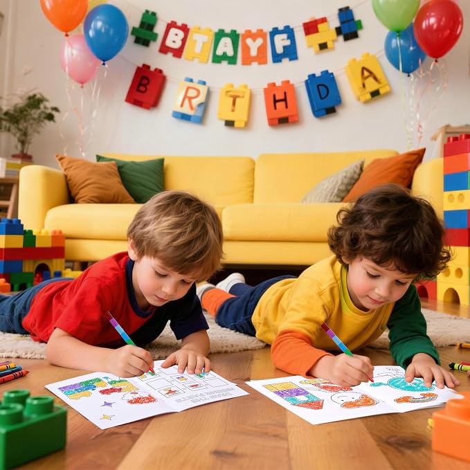 BenLouis 12 Building Block Mini Coloring Books Kids with 12 Stacking Crayons Geometric Shapes Party Favors Small Activity Books Bulk for Kids Building Party Gift Goodie Bag Stuffers