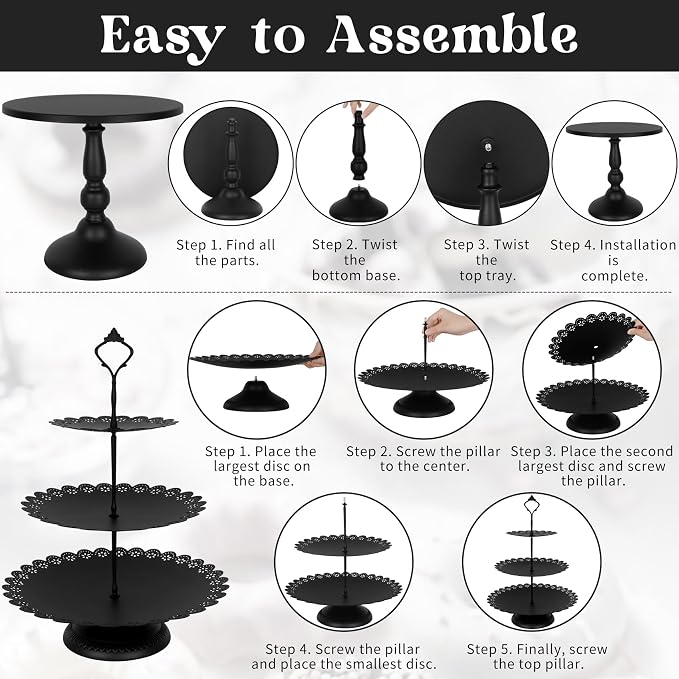 Fivenl 8 Pcs Cake Stand Black Metal Dessert Table Display Set, 3-Tier Cupcake Stand, Cake Display Tower and Cookie Tray Rack Serving Tray for Birthday Party, Weddings, Baby Shower (Black)
