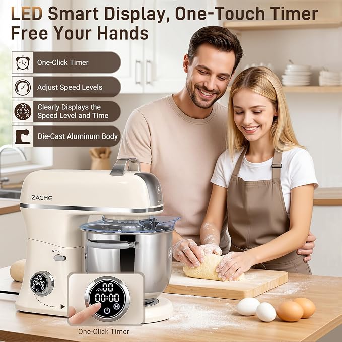 ZACME 7 Quart Stand Mixer Aluminum Die Casting, 650W 12 Speed Tilt-Head Kitchen Electric Stand Mixer, Household Food Mixer with Stainless Steel Bowl, Dough Hook, Whisk and Beater (Cream)