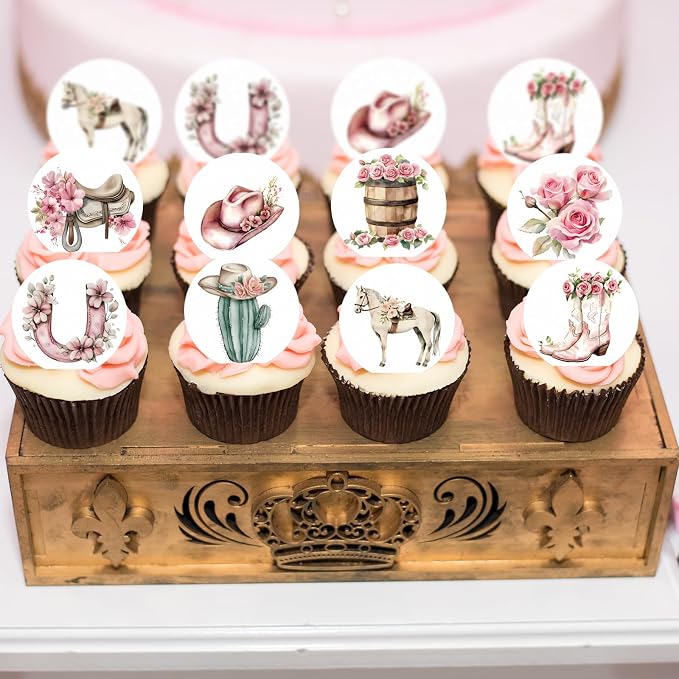 36PCS Edible Floral Horse Cupcake Toppers Wafer Paper Pink Pop-up Derby Horse Cowgirl Cake Picks Edible Rodeo Western Boots Cupcake Toppers for Jockeys Equestrian Theme Supplies