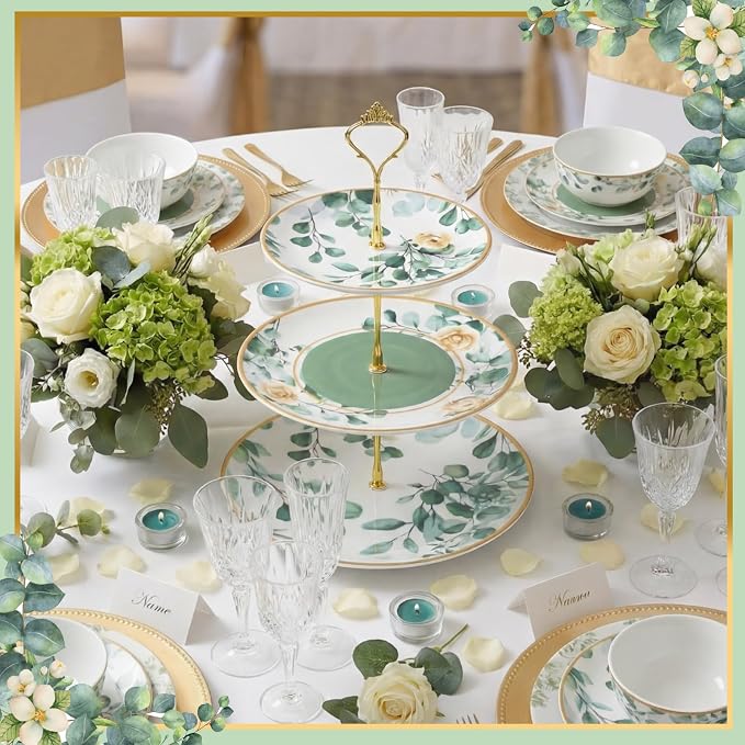 Lallisa 3 Tier Greenery Dessert Stand 10", 9" and 7" Ceramic Sage Green Eucalyptus Tiered Serving Tray with Gold Rack, Round Cupcake Display Tower for Wedding Baby Bridal Shower Tea Party Decoration