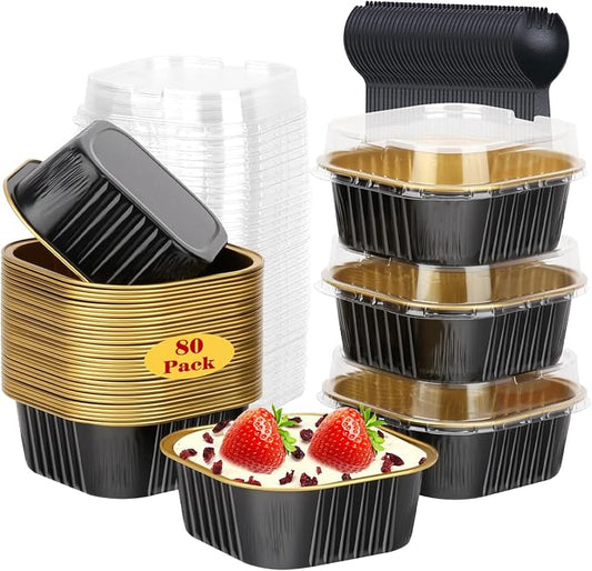 LNYZQUS 10oz/80pack Mini Cake Pans with Lids, Small Foil Baking Tins Brownie Baking Cups,4”x4” Disposable Ramekins Jumbo Cupcake Muffin Pan Mini Aluminum Containers Holders-Black