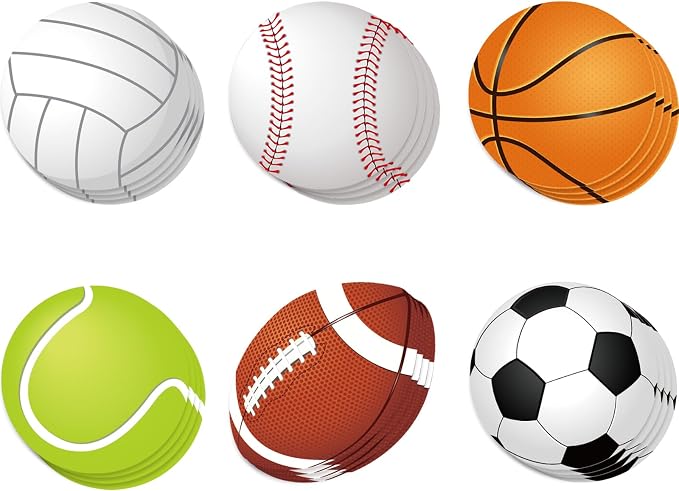 Vuzvuv 60Pcs 6In Paper Sports Ball Cut-Outs Basketball Football Volleyball Tennis Soccer Baseball Cutouts with 120Pcs Adhesive Sheets,Ball Cut Outs Bulletin Board Decorations for Wall