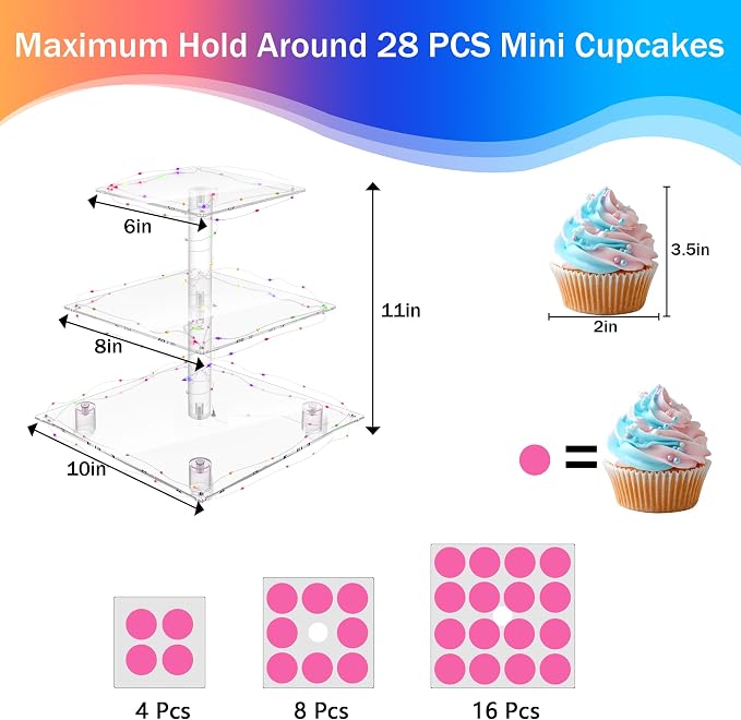 YestBuy 3 Tier Cupcake Stand - Premium Cupcake Holder - Acrylic Cupcake Tower Display - Acrylic Display for Pastry + LED Light String - Ideal for Weddings, Birthday Parties(Multicolored)
