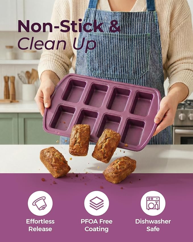 CARTMAN 2-Pack 8-Cavity Mini Loaf Pans Set with Spatula & Brush – 15.5” x 10” Nonstick Carbon Steel Small Bread Pan for Banana Bread, Meatloaf & Keto Snacks Plum Purple