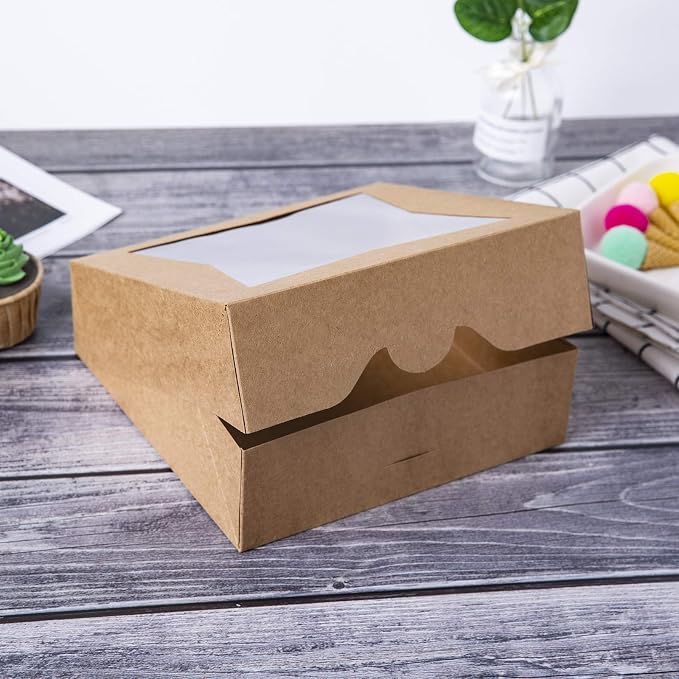 ONE MORE [15pcs] 8" Brown Bakery Pie Boxes, Kraft Cardboard Cookie Box with Window Auto-Popup Natural Disposable Pastries Boxes 8x8x2.5inch,Pack of 15