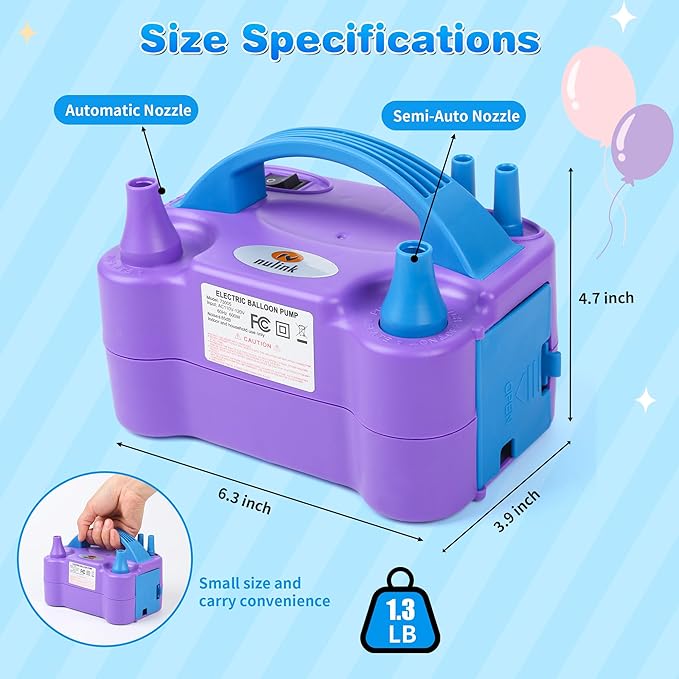 NuLink Balloon Pump Electric Portable Dual Nozzle Air Pump for Balloons Blower Pump Inflator for Decoration, Birthday Party [110V~120V, 600W, Purple]