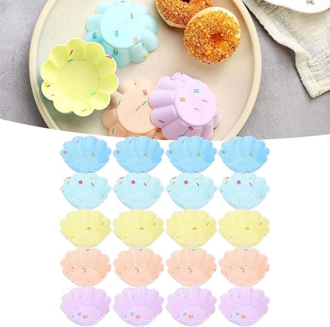 Silicone Cupcake Baking Cups, 20Pcs Reusable Small Muffin Liners Nonstick Pastry Muffin Molds Fancy Dessert Tray Petal Flower Set