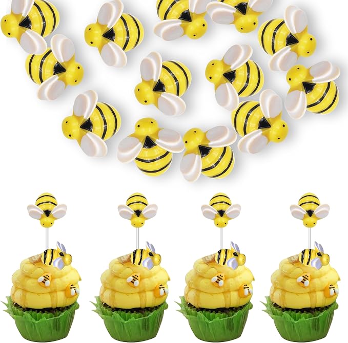 30 PCS Bumble Bee Cupcake Toppers Resin Little Figurine Bee Cupcake Picks Oh Babee Cake Decorations for Bee Theme Baby Shower Kids Boys Girls Birthday Party Decoration Supplies Gold