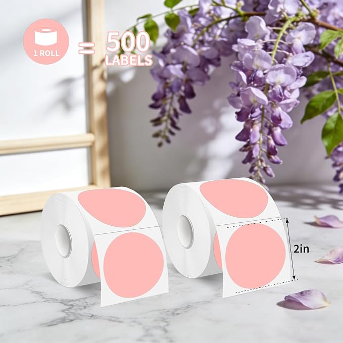 500 Labels/Roll 2" Pink Round Thermal Labels, Waterproof Circle Blank Thermal Sticker Compatible with Direct Thermal Label Printers for DIY Logo Designs, Thank You, Small Business