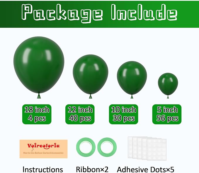 Voircoloria 130pcs Dark Green Balloons Different Sizes 18" 12" 10" 5" Hunter Green Balloons for Birthday Dinosaur Baby Shower St. Patrick's Day Summer Jungle Forest Safari Party Decorations