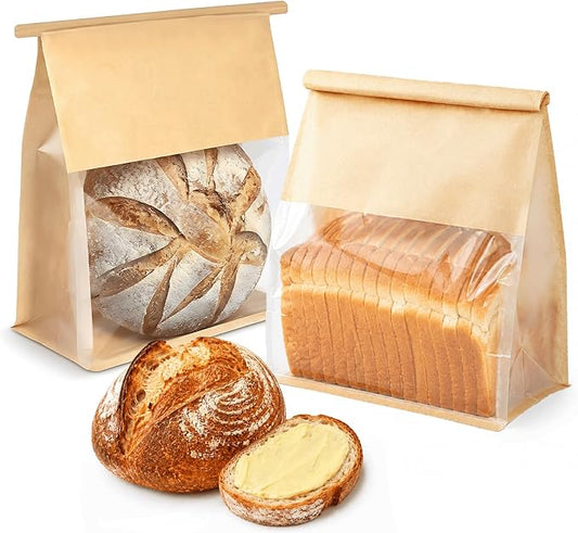 100 Pcs 8.6 Inch Bread Bags with Tin Tie, Large Loaf Bags Made Of Brown Cotton Paper, Storage Packing Bag with Clear Window for Bakery, Cafe, Homemade Bread