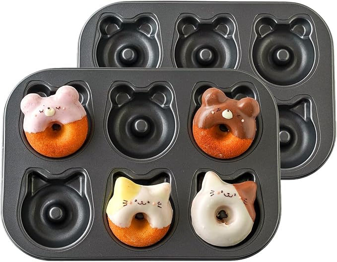 2 Pack Donut Pans, 2 1/2" Non-Stick Cat & Bear-Shaped Donut Mold Cake Pan, 6 Cup Carbon Steel Doughnut Pan for Home Baking
