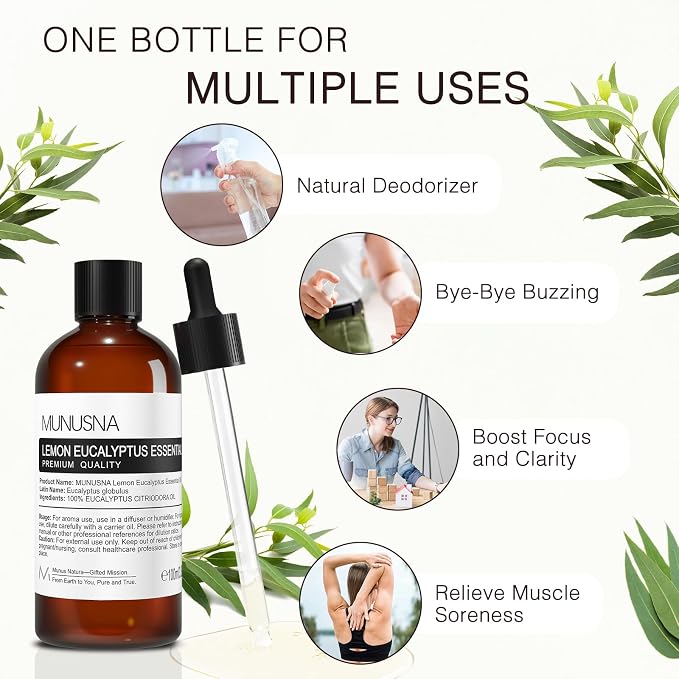 Lemon Eucalyptus Essential Oil 100ML, 100% Pure Lemon Eucalyptus Oil Aromatherapy Oil for Diffuser, Skin Care, Massage, Yoga, Home, Soap and Candle Making