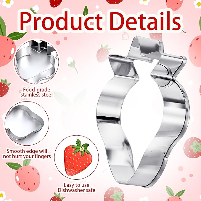 Strawberry Cookie Cutter Set, 2 Pack 3.15" Stainless Steel Strawberry Fondant Biscuit Cutter, Fruit Cookie Cutters for Summer Birthday Party Strawberries Lover Dishwasher Safe