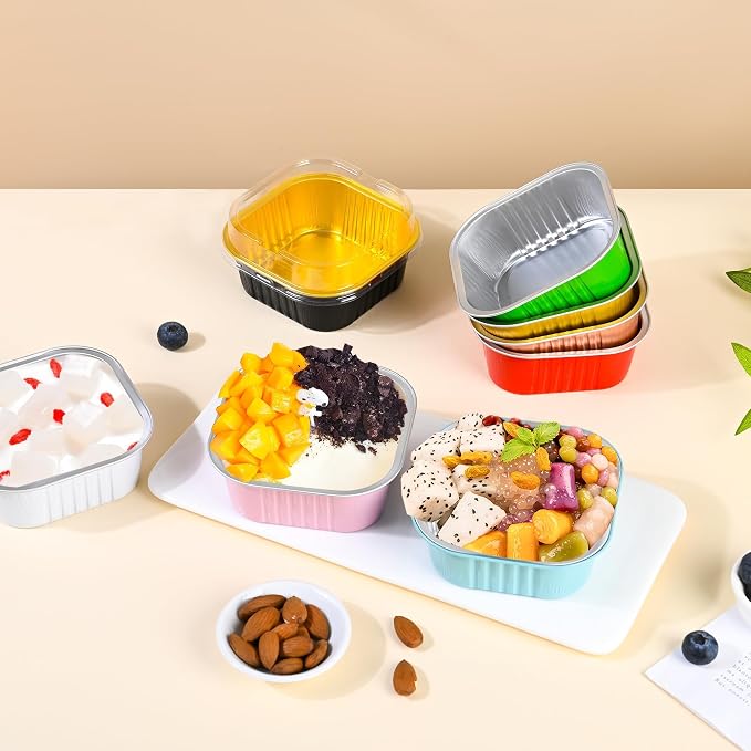 40 Pack Mini Cake Pans with Lids, 5oz Square Aluminum Foil Brownie Baking Cups, Muffin Tin Ramekins, Disposable Dessert Cupcake Cups for Wedding Birthday Party, green