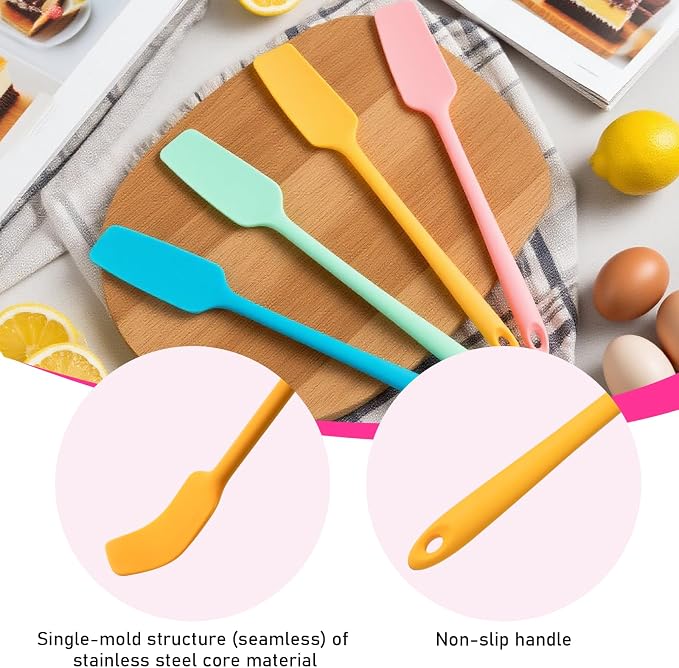 Silicone Jar Spatulas 4 Pack | Long Handle Heat Resistant 600°F Non-Stick Scrapers | for Mason Jars, Baking, Cake Icing, Jam, Blenders | Small Kitchen Utensils | 4 colors