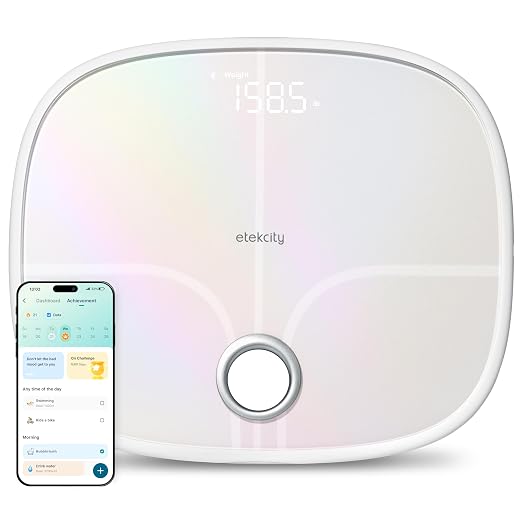 Etekcity Smart Rechargeable Scale for Body Weight, BMI, Fat, Muscle Mass, FSA&HSA Eligible, Digital Bathroom Scale with 13 Metrics, Secret Mode, Bluetooth Connect to Free Apps, Rainbow White