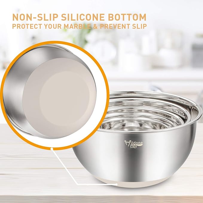 Wildone Mixing Bowls with Airtight Lids Set, 5PCS Stainless Steel Khaki Nesting Bowls for Kitchen, with Grater Attachments & Non-Slip Bottoms, Size 5, 3, 2, 1.5, 0.63 QT, Great for Mixing & Serving