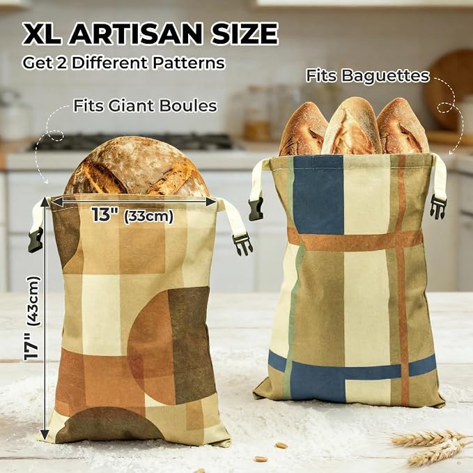 2 Pack Beeswax Bread Bags for Homemade Bread and Sourdough, XL 17x13in Reusable Cotton Storage Bags, Shadow Blocks & Windowpane Grid, Double-Layer Design with Beeswax Lining for Kitchen | Keeps loaves soft