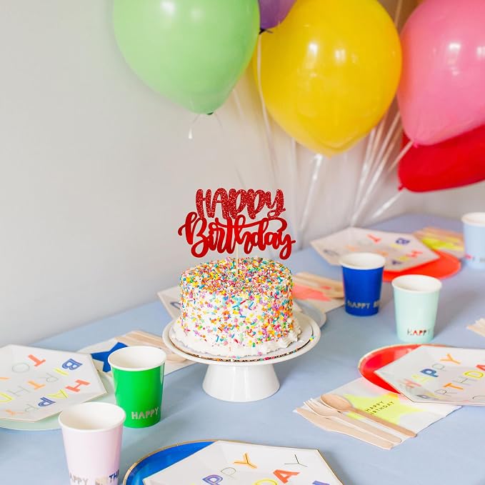 Gyufise 1Pcs Happy Birthday Cake Topper Glitter Cake Pick for Celebrating Anniversary Theme Party Cake Decorations Supplies Red