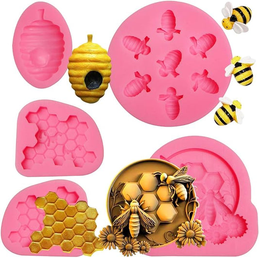 Honeycomb Silicone Chocoolate Molds, 5 Packs HoneyBee Fondant Molds for Honey Theme Cake Decoration, Cupcake Tooppers for Birthday Wedding Party Clay Resin