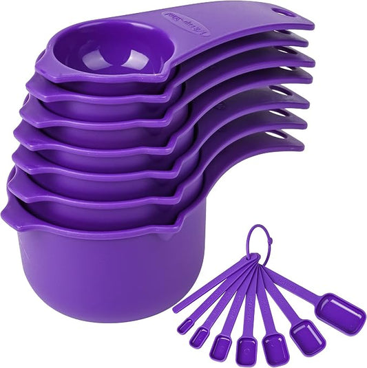 Purple Measuring Cups and Spoons Set 15, Plastic Mesuring Cups and Spoons, 7 Plastic Measuring Cups and 7 Measuring Spoons with leveler, Cute Measure Cups for Baking & Kitchen