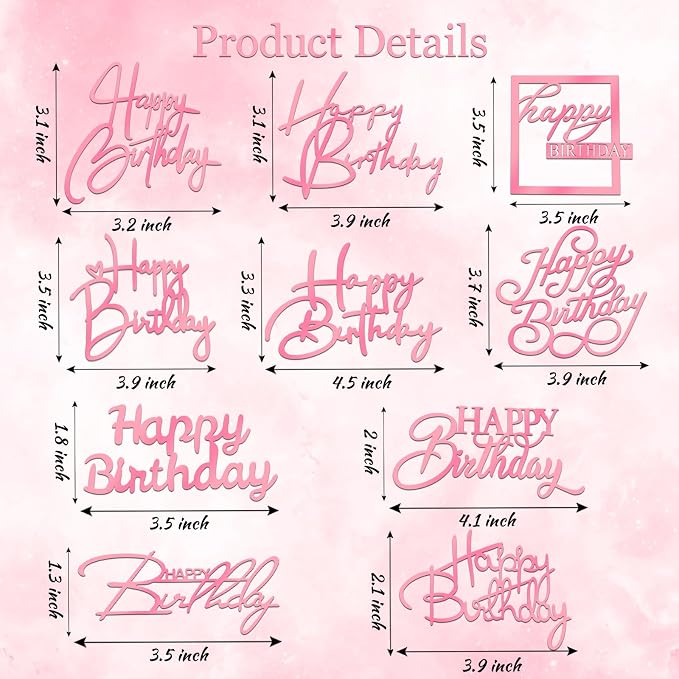 Wootkey 10 PCS Pink Happy Birthday Cake Topper Mirror Acrylic Cupcake Toppers Double-Sided Happy Birthday Sign for Cake Side Cupcake DIY Birthday Gift Flower Bouquet Decor