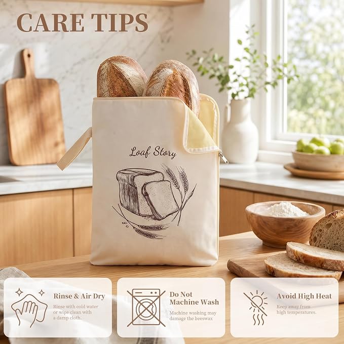 Beeswax Sourdough Bread Bags with Wide Zipper Access, 2 Pack XL 13" x 17" Reusable Linen Cotton Bread Bags for Homemade Bread, Helps Maintain Crust & Freshness (Double-Sided Print Design)