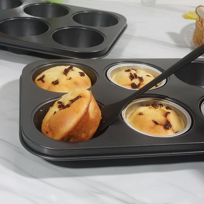 Non-Stick Black Jumbo Muffin Pans, 6-Cup Set of 2 | Carbon Steel, Spatula Included for Extra-Large Muffins & Cupcakes