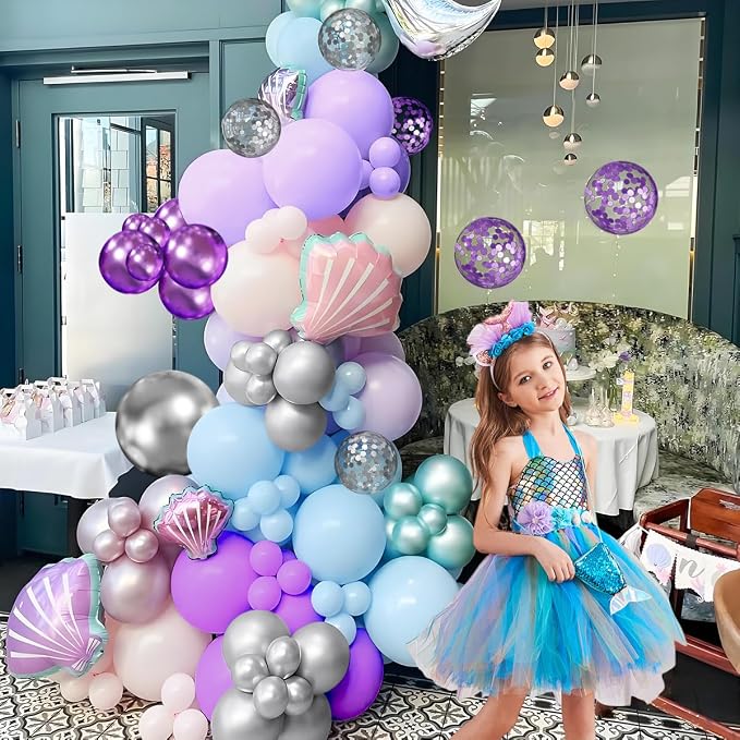 MEBAY Purple Silver Balloon Arch Kit, 147PCS Pastel Purple Matte Lavender Violet Metallic Lilac Silver Confetti Balloons Garland for Baby Girl Princess Party Birthday