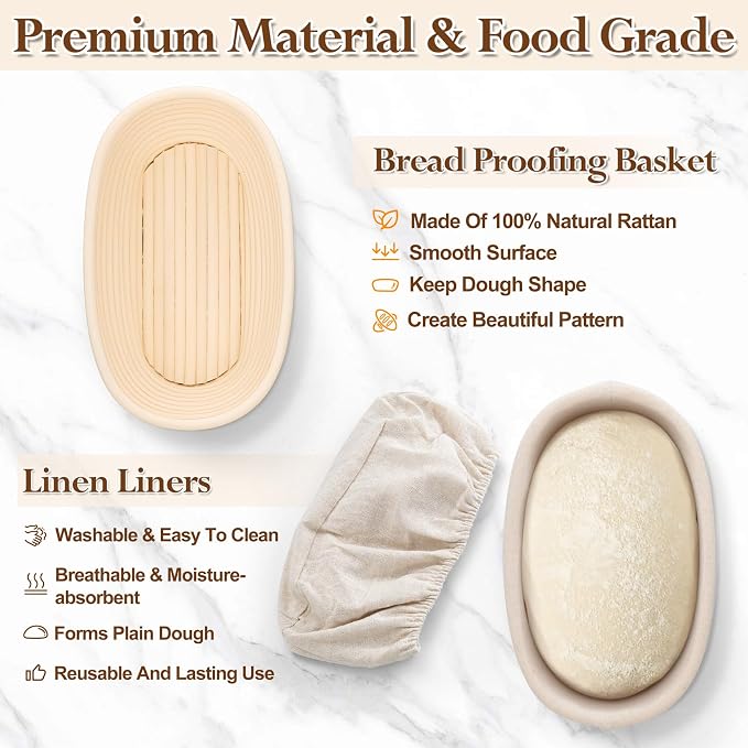 P&P CHEF Sourdough Bread Proofing Basket Set of 2, 10 Inch Oval Dough Proofing Bowls, Sourdough Bread Baking Supplies for Bakers, Handmade Rattan Baskets with Cloth Liner