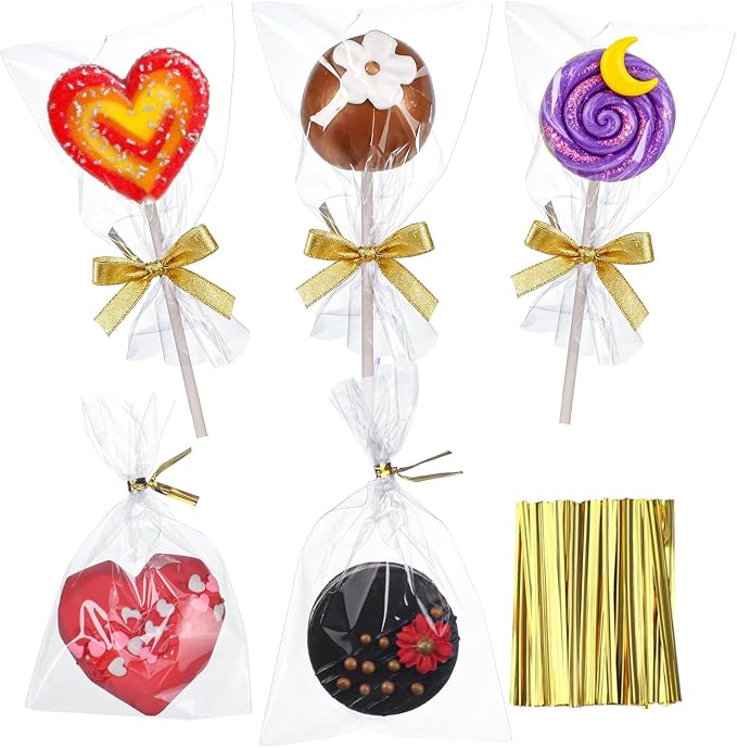 ROSPAKTEK 100 Pcs Cellophane Treat Bags 3x5 Inch with 100 Twist Ties - OPP Plastic Cake Pop Bags for Lollipop, Candy, Chocolate, Cookie Wrapping & Buffet