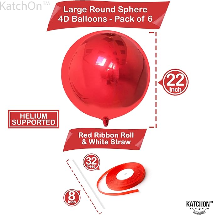 KatchOn, Red Balloons - Big 22 Inch, Pack of 6 | 4D Sphere Red Foil Balloons, Casino Balloons for Red Party Decorations | Metallic Balloons for Birthday Decoration, Carnival, Casino Theme Party