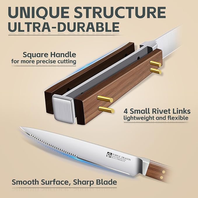 Purple Dragon Steak Knives Set of 6 - Smooth Edge Non-Serrated Blade with Square Wooden Handle – Elegant, Balanced, High Carbon German Steel - Christmas Gift for Men and Women
