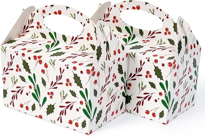 Happyhiram Winter Floral Gable Candy Paper Boxes, 25 Pcs Christmas Red Holly Berry Party Treat Boxes with Handle Small Gift Holiday Boxes Kids Party Favor Cookie Bags