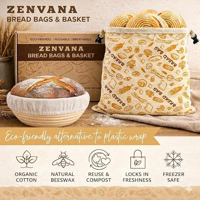 Banneton Bread Proofing Basket 9 Inch Round with Linen Liner & 16x13 XL Reusable Beeswax Bread Bag – Sourdough Proofing Basket, Banneton Basket, Large Bread Storage Bag