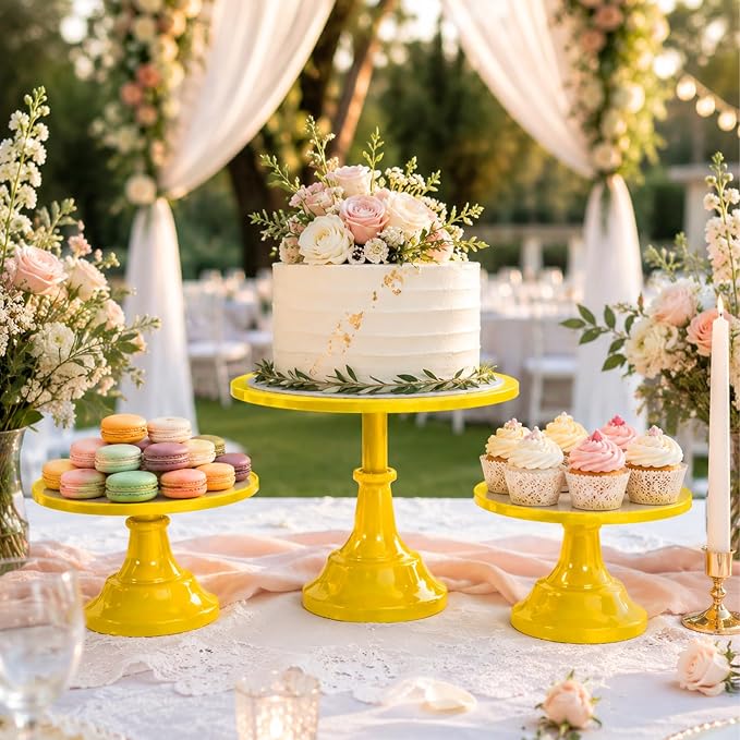 3 Pcs Cake Stand Set Metal Round Cake Holder Cupcake Stands 8/10/12 inch Yellow Dessert Display Stands Dessert Table Decorations for Birthday Parties, Baby Shower,Wedding Banquets and Anniversary
