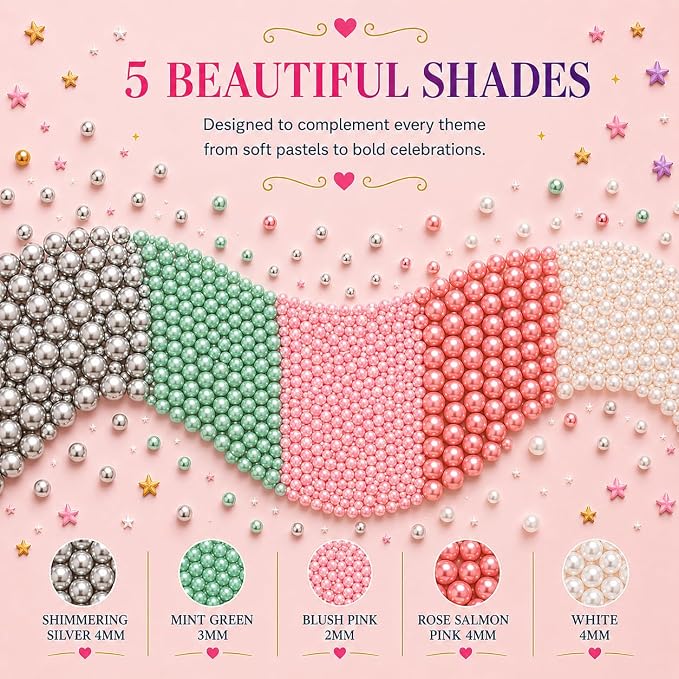 Confect Pearl Sprinkles | Mermaid Party Ball Sprinkles for Cakes & Cupcakes Decoration | Assorted pack of 5 Mix Sliver, Teal, Baby Pink, Bright Red & White Dragees -Vegan, Gluten-Free, Nut-Free, Soy-Free, Dairy-Free, Palm Oil-Free, No Artificial Dyes -...