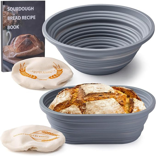 Silicone Banneton Bread Proofing Baskets,10" Oval & 9" Round Foldable Silicone Sourdough Proofing Basket with Bread Cover, Dishwasher Safe, Proofing Bowls for Sourdough Bread With Recipe Book