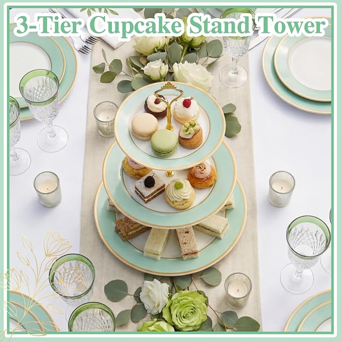 CHENGU 3 Tier Cupcake Stand Green Ceramic with Gold Frame, 10" 9" 7" Dessert Tower for Baby Shower Birthday Wedding Tea Party, Tiered Cake Holder Display for Cupcakes Pastries Fruits