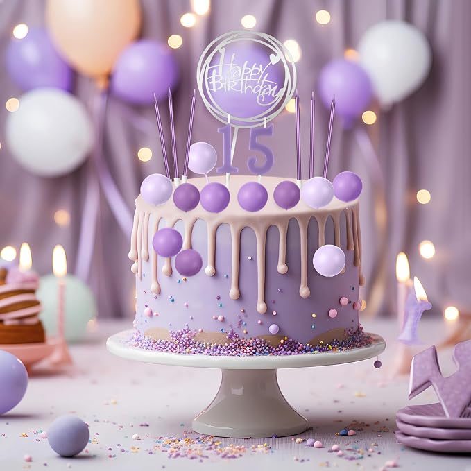 Yerliker 34 Pcs Happy Birthday Cake Toppers Decorations Birthday Candles DIY Cake Decor for Men Women Wedding Anniversary(Purple)