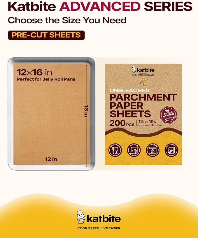 Katbite 200Pcs 12x16 In Unbleached Parchment Paper for Baking, Precut Parchment Paper Sheets, Heavy Duty Flat Baking Paper, Half Sheet Baking Sheets for Baking Cookies, Cooking, Air Fryer, Oven