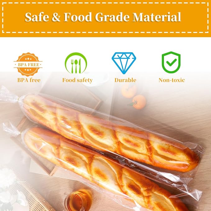 6 x 28 Inch French Bread Bags, 100 Clear Plastic Baugette Long Bags With Free Twist Ties - Mirco Perforated, Thickened, Freezer Safe, Disposable